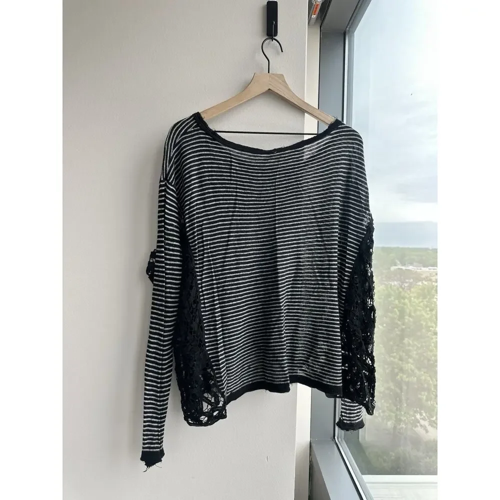 Free People Black White Striped Knit Lace Trim Scoop Neck Dolman Tunic L